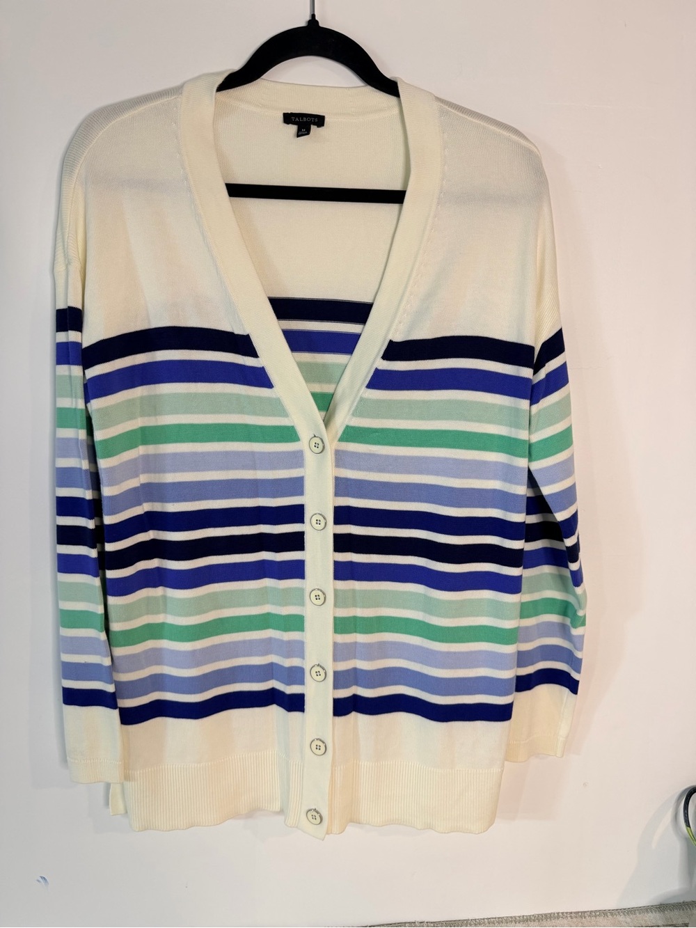 Talbots V-neck cardigan multicolor horizontal striped pattern with a button-fron